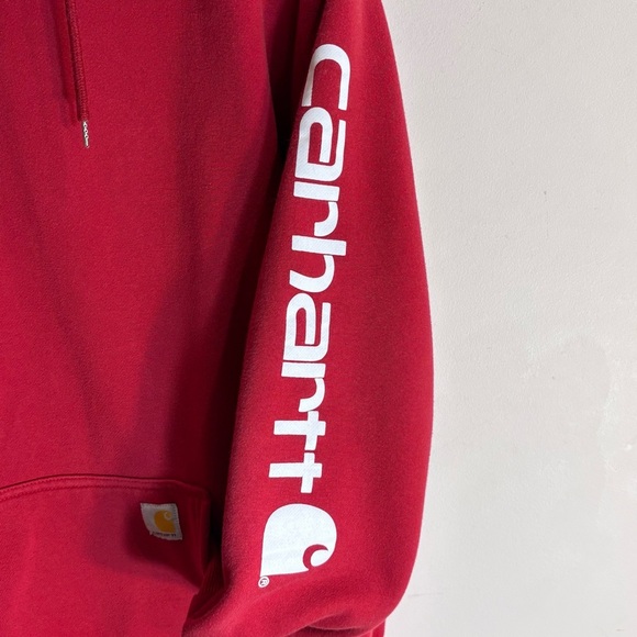 CARHARTT Sx XL Red Hoodie Sweater Front Pocket Hooded Logo On Sleeve - Picture 5 of 12